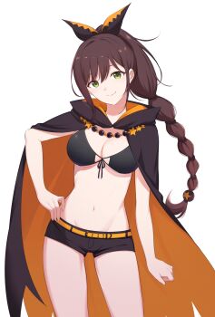 1girl absurdres bikini black_bikini black_cape black_shorts cape green_eyes hand_on_own_hip highres long_hair looking_at_viewer mikami_(nemu_mohu) ponytail re:zero_kara_hajimeru_isekai_seikatsu shaula_(re:zero) short_shorts shorts smile star_(symbol) swimsuit very_long_hair