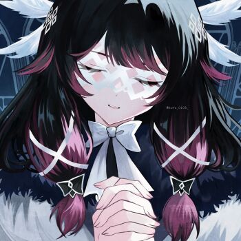 1girl black_hair bow buka_0103 closed_eyes coat columbina_(genshin_impact) commentary eye_mask facing_viewer fatui_coat fur-trimmed_coat fur_trim genshin_impact hair_ribbon hashtag-only_commentary head_wings highres interlocked_fingers long_hair mask multicolored_hair own_hands_clasped own_hands_together parted_lips purple_hair ribbon solo twitter_username upper_body white_bow white_coat white_ribbon wings