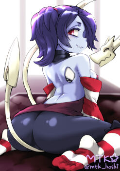 Rule 34 | 1girl, ass, back, bare shoulders, between buttocks, between legs, between thighs, feet, leviathan (skullgirls), looking at viewer, mtk hoshi, mutsuki (pixiv116518), red eyes, skullgirls, smile, socks, solo, squigly (skullgirls), toes, zombie