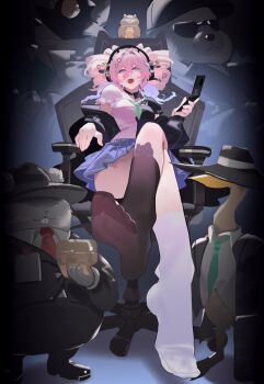 1girl absurdres arknights asymmetrical_legwear cellphone chair crossed_legs drill_hair feet flip_phone gradient_eyes headphones highres long_hair looking_at_viewer mismatched_legwear multicolored_eyes nils open_mouth phone pink_eyes pink_hair sitting socks soles swivel_chair toes twin_drills u-official_(arknights)