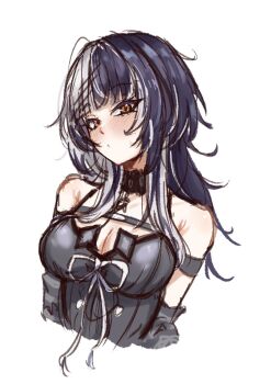Rule 34 | 1girl, :/, arm strap, belt, black arm warmers, black belt, black choker, black dress, black hair, blush, breasts, chest belt, choker, closed mouth, cropped torso, dress, grey hair, highres, hololive, hololive english, large breasts, long hair, looking at viewer, multicolored hair, penguin stamp, shiori novella, shiori novella (1st costume), simple background, sleeveless, sleeveless dress, solo, split-color hair, striped arm warmers, two-tone hair, virtual youtuber, white background, yellow eyes