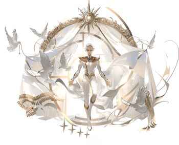 1boy bird blue_gemstone bodysuit boots brooch cape commentary curtains dove english_commentary full_body gem gold_trim highres jewelry knee_boots knee_up long_sleeves looking_at_viewer male_focus nice_(to_be_hero_x) official_art open_hands short_hair smile solo swept_bangs to_be_hero to_be_hero_x transparent_background white_bird white_bodysuit white_boots white_cape white_hair