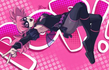 1girl artist_name black_boots black_gloves black_leotard black_ribbon black_skirt black_wings boku_no_hero_academia boots breasts bridal_gauntlets character_name cleavage_cutout clothing_cutout commentary demon_wings domino_mask earrings elbow_gloves english_commentary eye_mask floating frilled_skirt frills gloves grey_pantyhose hair_ribbon haneyama_kazuho jewelry ji_sung leotard low_wings mask medium_hair microskirt open_mouth pantyhose pink_background pink_eyes pink_hair ribbon signature skirt small_breasts smile solo text_background thigh_boots twintails v vigilante_-boku_no_hero_academia:_illegals- wings