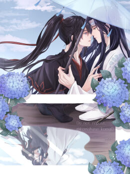 2boys absurdres ahoge bishounen black_hair black_hanfu blue_flower blue_sky chinese_clothes cloud cloudy_sky day different_reflection eye_contact face-to-face flower from_side hair_ribbon hanfu headband high_ponytail highres holding holding_umbrella hug hydrangea imminent_kiss kiss koma_hase lan_wangji leaf long_hair long_sleeves looking_at_another male_focus modao_zushi multiple_boys multiple_views outdoors parted_lips ponytail profile purple_eyes rain red_ribbon reflection ribbon robe shared_umbrella sidelocks sky smile tassel topknot transparent twitter_username umbrella water watermark wei_wuxian white_hanfu white_headband wide_sleeves yaoi