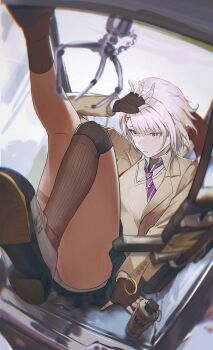 1girl absurdres asymmetrical_legwear black_gloves black_skirt brown_socks collared_shirt commentary covenant_halo_(girls&#039;_frontline_2) crane_game english_commentary explosive fingerless_gloves girls&#039;_frontline girls&#039;_frontline_2:_exilium gloves grenade gun highres jacket kriss_vector necktie official_alternate_costume open_clothes open_jacket panties pleated_skirt purple_necktie shenme_niao_mingzi shirt shoes short_hair skirt socks submachine_gun underwear vector_(girls&#039;_frontline) vector_(girls&#039;_frontline_2) vector_(vivi_sometimes_hides_her_molotovs)_(girls&#039;_frontline_2) vest weapon white_hair white_panties white_shirt white_shoes yellow_eyes yellow_jacket yellow_vest