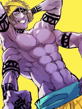 1boy a_nzi_end abs armpits arms_behind_head brown_hair colored_skin commentary_request extra_arms grin highres looking_at_viewer male_focus muscular muscular_male no_nipples orange_eyes pectorals purple_skin shiva_(shuumatsu_no_valkyrie) short_hair shuumatsu_no_valkyrie simple_background smile solo topless_male yellow_background