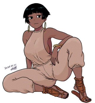 1girl ancient_egyptian bare_shoulders black_eyeliner black_eyes black_hair black_nails bracelet breasts commentary_request dark-skinned_female dark_skin dated earrings eyeliner feet gold_bracelet halterneck hoop_earrings jewelry large_breasts legs long_sidelocks looking_at_viewer makeup nail_polish nefertari_(tsukudani) no_bra open-toe_shoes original puffy_pants short_hair sideboob sidelocks signature simple_background sitting sleeveless spread_legs thighs toenail_polish toenails toes tsukudani_(coke-buta) white_background