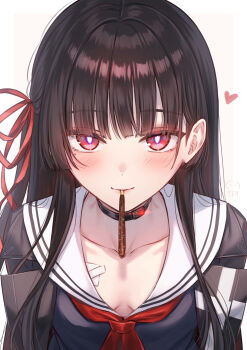 1girl absurdres black_choker black_hair black_jacket black_shirt blush border breasts chisa_(wuthering_waves) choker cleavage closed_mouth collarbone commentary_request dobu_jelly food food_in_mouth hair_ribbon heart highres jacket long_hair looking_at_viewer medium_breasts mole mole_under_eye neckerchief pocky pocky_in_mouth purple_pupils red_eyes red_neckerchief red_ribbon ribbon sailor_collar shirt smile solo upper_body white_border white_sailor_collar wuthering_waves