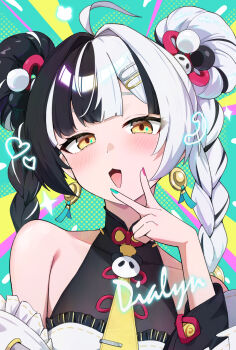 1girl ahoge aqua_nails bare_shoulders black_hair blush braid braided_twintails character_name collarbone commentary_request detached_sleeves dialyn_(zenless_zone_zero) double_bun dress earrings green_background hair_bun hair_extensions hair_intakes hair_ornament hairclip hand_up heart highres jewelry long_hair looking_at_viewer multicolored_hair multicolored_nails necktie open_mouth panda_hair_ornament peterchuu portrait purple_background red_nails ring_hair_extensions solo sparkle sparkling_eyes split-color_hair three-toned_background v v_over_mouth white_dress white_hair yellow_background yellow_eyes yellow_necktie zenless_zone_zero