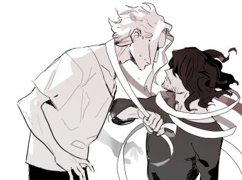 2boys aizawa_shota all_might bandages black_shirt boku_no_hero_academia facial_hair greyscale hair_over_eyes j.r._doyle male_focus medium_hair monochrome multiple_boys parted_bangs shirt short_hair short_sleeves sketch stubble sweatdrop t-shirt upper_body wavy_hair white_background white_shirt yaoi