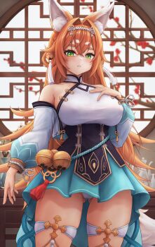 1girl animal_ear_fluff animal_ears arm_at_side bare_shoulders bell blue_skirt braid breasts character_request copyright_request covered_erect_nipples cowboy_shot cropped_jacket crossed_bangs flipped_hair flower gluteal_fold green_eyes hair_bell hair_between_eyes hair_flaps hair_intakes hair_ornament hair_rings hand_on_own_chest hand_up jacket jingle_bell kinoko_kun large_breasts lattice leotard long_hair looking_at_viewer open_clothes open_jacket orange_hair puffy_sleeves red_flower skindentation skirt solo standing tail thick_eyebrows thigh_strap very_long_hair white_leotard wide_hips window