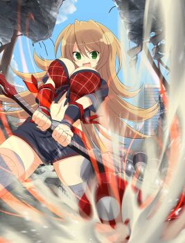 1girl :d armor belt belt_buckle blue_sky blush breasts brown_hair buckle building city cityscape cleavage cloud day electric_guitar fishnet_thighhighs fishnets gluteal_fold green_eyes grey_thighhighs guitar holding holding_guitar holding_instrument holding_weapon instrument japanese_armor karasu_(senran_kagura) kote large_breasts light_particles linea_alba long_hair motion_blur motion_lines navel non-web_source official_art open_mouth outdoors plaid_clothes rebar red_belt red_ribbon ribbon rubble senran_kagura senran_kagura_new_wave shiny_skin short_shorts shorts sky skyscraper smashing_guitar smile thighhighs weapon window yaegashi_nan