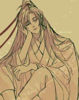 Rule 34 | 1boy, ahoge, aki uzuzame, bishounen, chinese clothes, closed mouth, commentary request, hair ribbon, hand on own cheek, hand on own face, hanfu, head rest, head tilt, highres, long hair, long sleeves, male focus, modao zushi, monochrome, pants, ponytail, red ribbon, ribbon, robe, sitting, smile, solo, spot color, twitter username, very long hair, wei wuxian, yellow background