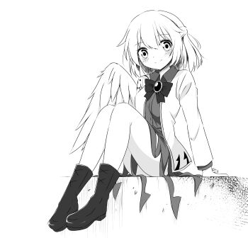 1girl absurdres blush boots bow bowtie braid closed_mouth commentary dress feathered_wings greyscale half_up_braid highres jacket kishin_sagume long_sleeves looking_at_viewer monochrome open_clothes open_jacket single_wing smile solo touhou tsuukinkaisoku_oomiya wings