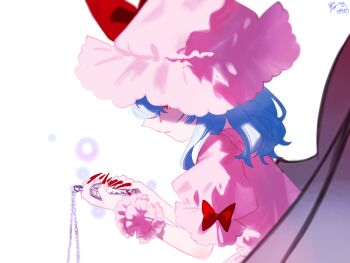 1girl absurdres artist_name bat_wings bow closed_mouth expressionless fingernails frilled_cuffs frilled_hat frilled_sleeves frills hands_up hat hat_ribbon highres holding holding_pocket_watch kazuki-23neko medium_hair mob_cap pink_hat pocket_watch puffy_short_sleeves puffy_sleeves purple_hair red_bow red_eyes red_nails red_ribbon remilia_scarlet ribbon sharp_fingernails short_sleeves signature solo touhou watch wings wrist_cuffs