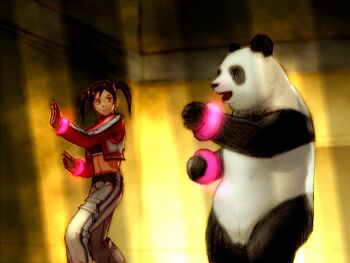 Rule 34 | 1girl, animal, bangle, black hair, bracelet, cropped jacket, fighting stance, game cg, jacket, jewelry, kawano takuji, light smile, ling xiaoyu, looking to the side, midriff, official art, open clothes, open jacket, open mouth, panda, panda (tekken), pants, short twintails, tekken, tekken 4, track pants, twintails