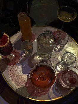 Rule 34 | commentary, cup, doily, drinking glass, drinking straw, english commentary, food, from above, fruit, glass, glass bottle, highres, no humans, object focus, orange (fruit), orange slice, original, rsstrv, tray, wine glass