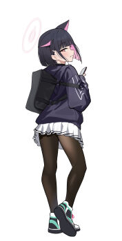 Rule 34 | 1girl, absurdres, animal ears, black bag, black hair, black hoodie, black pantyhose, blue archive, blunt bangs, blush, bob cut, cat ears, cellphone, chinese commentary, colored inner hair, commentary, extra ears, from behind, full body, hair ornament, hairclip, halo, highres, holding, holding phone, hood, hood down, hoodie, kaminari (edeath), kazusa (blue archive), long sleeves, looking at viewer, looking back, miniskirt, multicolored hair, multicolored shoes, pantyhose, phone, pink hair, pleated skirt, red eyes, short hair, sidelocks, simple background, skirt, smartphone, smile, solo, standing, white background, white skirt