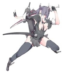 Rule 34 | 1girl, backpack, bag, black footwear, black gloves, black necktie, black shirt, black skirt, black thighhighs, breasts, cleavage, closed mouth, commentary request, eyepatch, fighting stance, full body, gloves, grey hair, hair between eyes, headgear, kantai collection, large breasts, long bangs, looking at viewer, necktie, partially fingerless gloves, rudder footwear, shirt, short hair, simple background, skirt, smile, solo, sword, tenryuu (kancolle), thighhighs, torn clothes, torn shirt, torn skirt, tugmix, weapon, white background, yellow eyes