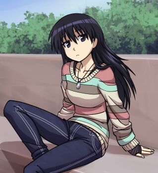 Rule 34 | 1girl, absurdres, azumanga daiou, black eyes, black hair, black tank top, blue sky, bush, denim, expressionless, fingerless gloves, gloves, highres, jeans, jewelry, loberbutcher, long hair, necklace, pants, sakaki (azumanga daioh), sitting, sky, stone bench, striped clothes, striped sweater, sweater, tank top