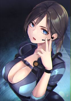 Rule 34 | 1girl, blue eyes, blue wetsuit, bodysuit, breasts, brown hair, cleavage, diving suit, headset, jill valentine, looking at viewer, nana (kanaonet7), open mouth, ponytail, resident evil, resident evil: revelations, wet, wetsuit