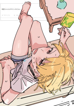 1girl absurdres barefoot blonde_hair blush breasts fang food from_above haruyuki_(gffewuoutgblubh) highres holding holding_food holding_popsicle hot idolmaster idolmaster_shiny_colors looking_up odaibako open_mouth pink_eyes popsicle saijo_juri shirt short_hair short_sleeves shorts sitting small_breasts solo sweat table white_background white_shirt