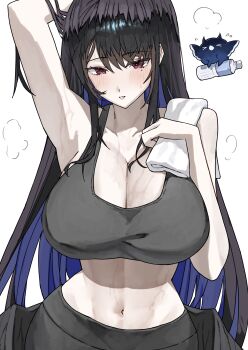 Rule 34 | 1girl, absurdres, arm above head, arm over head, arm up, armpits, asymmetrical horns, bare shoulders, black feathers, black hair, black wings, blue hair, bottle, breasts, cleavage, collarbone, colored inner hair, crystal horns, demon horns, ewn, feathered wings, feathers, flower, highres, holding, holding bottle, holding towel, hololive, hololive english, horn flower, horns, jailbird (nerissa ravencroft), large breasts, long hair, looking at viewer, low wings, mole, mole under eye, multicolored hair, navel, nerissa ravencroft, pants, plastic bottle, red eyes, simple background, solo, solo focus, sports bra, sportswear, sweat, towel, two-tone hair, uneven horns, very long hair, virtual youtuber, water bottle, white background, wings, yoga pants