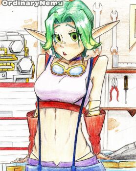 1girl arm_support arms_behind_back artist_name breasts elf green_eyes green_hair jak_and_daxter keira_hagai large_breasts midriff naughty_dog navel pants parted_lips pointy_ears red_lips short_hair solo sony suspenders tank_top thong toned traditional_media