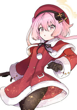 9-san absurdres black_gloves black_pantyhose blue_archive breasts coat feather_hair gloves hair_between_eyes halo highres looking_at_viewer medium_hair pantyhose pink_eyes pink_hair red_coat santa_costume serina_(blue_archive) serina_(christmas)_(blue_archive) simple_background small_breasts thighs white_background yellow_halo