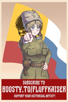1girl absurdres belt_buckle blonde_hair blue_eyes blush breast_pocket buckle commentary english_commentary fingernails fluffkaiser fur_hat green_jacket gun hand_on_own_hip handgun hat high_collar highres holster holstered imperial_russian_army imperial_russian_flag jacket leather_belt long_sleeves looking_at_viewer military military_uniform original pocket pointing pointing_at_viewer revolver ribbon_of_saint_george russian_civil_war smile soldier solo weapon white_army