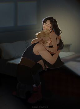 Rule 34 | 1boy, 1girl, bare arms, bare shoulders, bed, black hair, black skirt, black thighhighs, blonde hair, closed eyes, cloud strife, commentary, commission, crop top, earrings, english commentary, final fantasy, final fantasy vii, final fantasy vii rebirth, final fantasy vii remake, full body, highres, hug, indoors, jewelry, katsuartsu, long hair, on bed, pants, parted lips, short hair, sitting, skirt, sleeveless, sleeveless turtleneck, spiked hair, sweater, tank top, tears, thighhighs, tifa lockhart, turtleneck, turtleneck sweater, white tank top