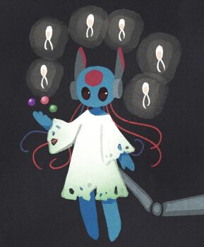 1girl barefoot black_background black_eyes blue_skin cable circle_facial_mark colored_skin facial_mark forehead_mark iterator_(rain_world) looks_to_the_moon nanachishiro neuron_fly_(rain_world) no_humans no_mouth no_nose pearl_(rain_world) rain_world robe robot robot_ears torn torn_clothes white_robe