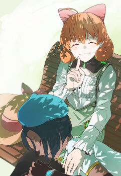 2girls ^_^ ahoge bench black_legwear blush ciel_soleil closed_eyes dark_skin dark-skinned_female esu_(transc) closed_eyes finger_to_mouth fingerless_gloves gloves hair_ribbon hat unworn_hat unworn_headwear highres lap_pillow multiple_girls orange_hair park_bench penny_polendina pink_ribbon ribbon rwby short_hair shushing sketch sleeping smile