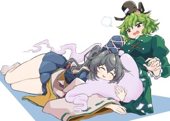 Rule 34 | 2girls, absurdres, anger vein, black hat, blue hat, blue skirt, breasts, closed eyes, commentary request, dress, full body, ghost tail, green dress, green eyes, green hair, grey hair, gurajio, hat, hat ribbon, highres, hug, legs, mononobe no futo, multiple girls, ofuda, ofuda on clothes, puff of air, ribbon, ribbon-trimmed sleeves, ribbon trim, short hair, skirt, soga no tojiko, tate eboshi, touhou, wide sleeves