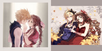 absurdres aerith_gainsborough aerith_gainsborough_(red_dress) armor bangle belt black_bow black_dress blonde_hair blue_corset blue_eyes blue_shirt blurry blurry_foreground blush bow bracelet braid braided_ponytail breasts brown_belt choker cleavage cloud_strife cloud_strife_(blue_dress) corset couple crossdressing crossdressing_(mtf) dress final_fantasy final_fantasy_vii final_fantasy_vii_remake flamenco_dress flower flower_choker furrowed_brow green_eyes grey_background hair_between_eyes hair_bow hair_flower hair_ornament hair_ribbon hand_on_another's_cheek hand_on_another's_face hetero highres holding_another's_arm jacket jewelry kieta light_smile lily_(flower) looking_at_another looking_at_viewer medium_breasts multiple_views nail_polish official_alternate_costume parted_bangs parted_lips pauldrons pink_bow pink_dress pink_ribbon ponytail red_dress red_flower red_jacket red_nails red_ribbon ribbon ringlets shirt short_hair shoulder_armor sidelocks single_bare_shoulder single_braid single_pauldron sleeveless sleeveless_turtleneck smile spiked_hair strapless strapless_dress suspenders turtleneck twin_braids upper_body v wall_market yellow_flower