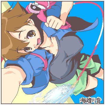 1girl breasts brown_hair female_focus fishing large_breasts lowres oekaki sanemichi_hajime sleeves_rolled_up solo umihara_kawase umihara_kawase_(character)