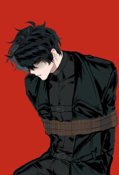 1boy akigawasou alien_stage belt black_coat black_hair black_shirt blood blood_from_mouth bloodshot_eyes bound coat cowboy_shot glaring highres ivan_(alien_stage) looking_at_viewer male_focus omniscient_reader&#039;s_viewpoint open_clothes open_coat parody partially_shaded_face shirt short_hair slouching solo tied_up_(nonsexual) yoo_joonghyuk