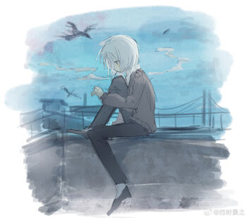 1boy bird black_pants border bridge brown_cardigan cardigan chinese_commentary commentary_request fading_border from_side highres irregular_border knee_up male_focus ni_hai_you_ba_ma_zhen_de_jingyan_dao_wole pants profile railing saihate_eki scenery sitting sketch smoking solo tatsunami_shion white_border white_hair