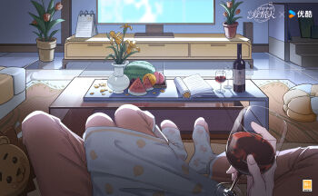 1boy 1girl alcohol between_legs book bottle cabinet calendar_(object) chinese_commentary coffee_table copyright_notice couch couple cup cushion dress drinking_glass flower food fruit heroine_(lovebrush_chronicles) hetero highres holding holding_cup indoors iris_(flower) knees_up lars_rorschach living_room lovebrush_chronicles matching_outfits official_art on_couch open_book orange_(fruit) orange_flower orange_pants pajamas pants pants_under_dress peach petals plant polka_dot polka_dot_dress polka_dot_socks potted_plant pov red_wine rug sitting socks spread_legs stool stuffed_animal stuffed_lion stuffed_toy table television tulip vase watermelon watermelon_slice white_dress white_socks wine wine_bottle wine_glass yellow_flower