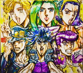 2017 aqua_eyes ashiya_kouhei blonde_hair blue_eyes blue_hair clenched_teeth collarbone closed_eyes fingerless_gloves gakuran gloves green_hair hands_on_own_cheeks hands_on_own_face hat heart higashikata_josuke higashikata_tomoko highres jojo_no_kimyou_na_bouken joseph_joestar joseph_joestar_(young) kuujou_holly kuujou_joutarou lipstick lisa_lisa makeup mother_and_son open_mouth pink_lips pompadour purple_eyes purple_hair school_uniform signature sweat teeth traditional_media v