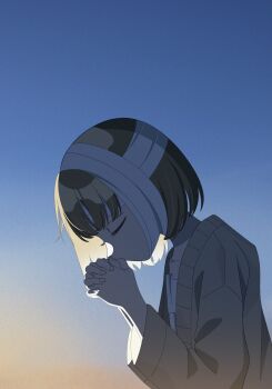 1girl backlighting bandaged_head bandages brown_hair cardigan closed_eyes from_side gradient_sky highres kisaragi4050 original outdoors own_hands_clasped own_hands_together praying profile sky solo