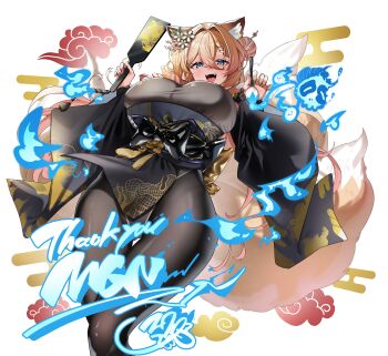 1girl absurdres animal_ears black_bow black_sleeves blonde_hair blue_eyes bodystocking bow braid breasts commentary_request commission flower fox_ears fox_girl fox_tail hair_between_eyes hair_bun hair_flower hair_ornament highres holding indie_virtual_youtuber koromo_naruru large_breasts long_hair open_mouth skeb_commission smile solo sui_hi_sf tail taut_bodystocking thank_you virtual_youtuber white_hair wide_sleeves will-o'-the-wisp_(mythology)