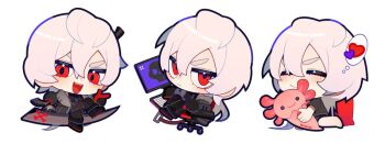 1boy :d a_date_with_death aegyo_sal alternate_costume barefoot black_gloves black_jacket black_shirt casper_(a_date_with_death) chair chibi chibi_only computer crossed_legs gloves hair_over_shoulder holding holding_scythe hugging_object jacket jacket_partially_removed jellyfish_cut jyosubii laptop looking_at_viewer male_focus multiple_views object_riding official_art open_mouth promotional_art red_eyes scythe shirt sleeveless sleeveless_shirt smile white_hair