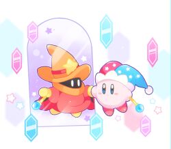 Rule 34 | :o, blue eyes, blue hat, blush stickers, commentary request, copy ability, covered mouth, gloves, hat, hat ornament, holding, holding hands, holding wand, jester cap, kae77p, kirby, kirby (series), long sleeves, mirror, mirror kirby, nintendo, no humans, orange hat, orange scarf, parted lips, pom pom hat ornament, red footwear, red hat, red robe, red sleeves, robe, scarf, shoes, simirror, simple background, solid oval eyes, star (symbol), star hat ornament, star print, two-tone hat, wand, white background, white eyes, wide sleeves, witch hat, yellow gloves
