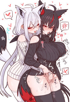 2girls ahoge animal_ear_fluff animal_ears black_hair blush breasts commentary dark_persona dual_persona fox_ears fox_girl fox_tail highres hololive kurokami_fubuki large_breasts long_hair multiple_girls selfcest shirakami_fubuki shiroi_yoru tail thighhighs white_hair yuri