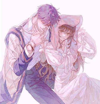 Rule 34 | 1boy, 1girl, black pants, bracelet, breasts, brown eyes, brown hair, cardigan, chaoxibumian, closed eyes, collared shirt, commentary, couple, dress, earrings, hetero, highres, holding hands, jewelry, kiss, kissing hand, long dress, long hair, long sleeves, love and deepspace, medium breasts, pants, protagonist (love and deepspace), puffy long sleeves, puffy sleeves, purple hair, rafayel (love and deepspace), see-through clothes, see-through dress, shirt, short hair, sitting, symbol-only commentary, white background, white dress, white shirt, yellow cardigan