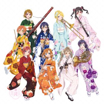 Rule 34 | 6+girls, :d, absurdres, ayase eli, bassoon, black hair, black sandals, blonde hair, blue eyes, blue flower, blue hair, blue kimono, blush, bow, clarinet, closed mouth, double bun, drumsticks, floral print, floral print kimono, flower, flower stand art, flute, green eyes, green kimono, hair between eyes, hair bow, hair bun, highres, holding, holding drumsticks, holding instrument, holding trombone, holding trumpet, holding violin, hoshizora rin, instrument, invisible chair, japanese clothes, kimono, koizumi hanayo, kosaka honoka, lone nape hair, long hair, long sleeves, love live!, love live! anime 10th anniversary orchestra concert, love live! school idol project, low ponytail, medium hair, minami kotori, multiple girls, nishikino maki, official alternate costume, open mouth, orange eyes, orange hair, orange kimono, pink flower, pink kimono, ponytail, print kimono, purple eyes, purple hair, purple kimono, red eyes, red kimono, sandals, short hair, side ponytail, sidelocks, simple background, single sidelock, sitting, smile, sonoda umi, suito, tabi, teeth, tojo nozomi, trombone, trumpet, tuba, twintails, updo, upper teeth only, violin, watermark, white background, white bow, white sandals, wide sleeves, yazawa nico, yellow eyes, yellow kimono, zouri