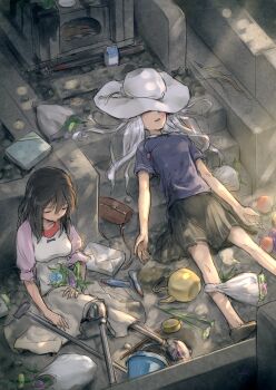 10s 2girls amputee artificial_legs bouquet bucket cane casual crying ebizome flower grave hat hibiki_(kancolle) highres kantai_collection kettle long_hair multiple_girls prosthesis prosthetic_leg ramune religious_offering skirt tears torpedo ushio_(kancolle)