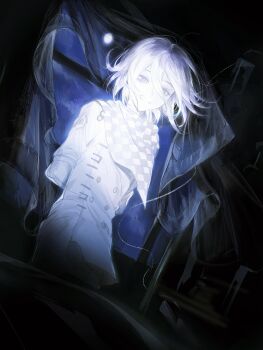 Rule 34 | 1boy, arm belt, arms behind back, bishounen, buttons, check commentary, checkered clothes, checkered scarf, commentary request, curtains, danganronpa (series), danganronpa v3: killing harmony, dark background, flipped hair, ghost, glowing, hair between eyes, highres, indoors, long sleeves, male focus, monochrome, moon, muted color, night, oma kokichi, open window, pale skin, pants, purple eyes, scarf, seapall, short hair, smile, solo, standing, white hair, wind, wind lift, window