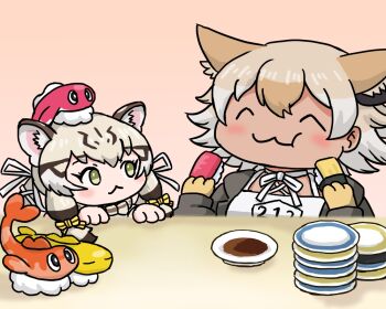 2girls animal_ears blonde_hair bow bowtie camisole cat_ears cat_girl coyote_(kemono_friends) eating extra_ears food geoffroy&#039;s_cat_(kemono_friends) gloves green_eyes grey_hair jacket kemono_friends kemono_friends_v_project long_hair multiple_girls nintendo pepu pink_background pokemon ribbon short_hair simple_background sushi table tatsugiri twintails virtual_youtuber wolf_ears wolf_girl
